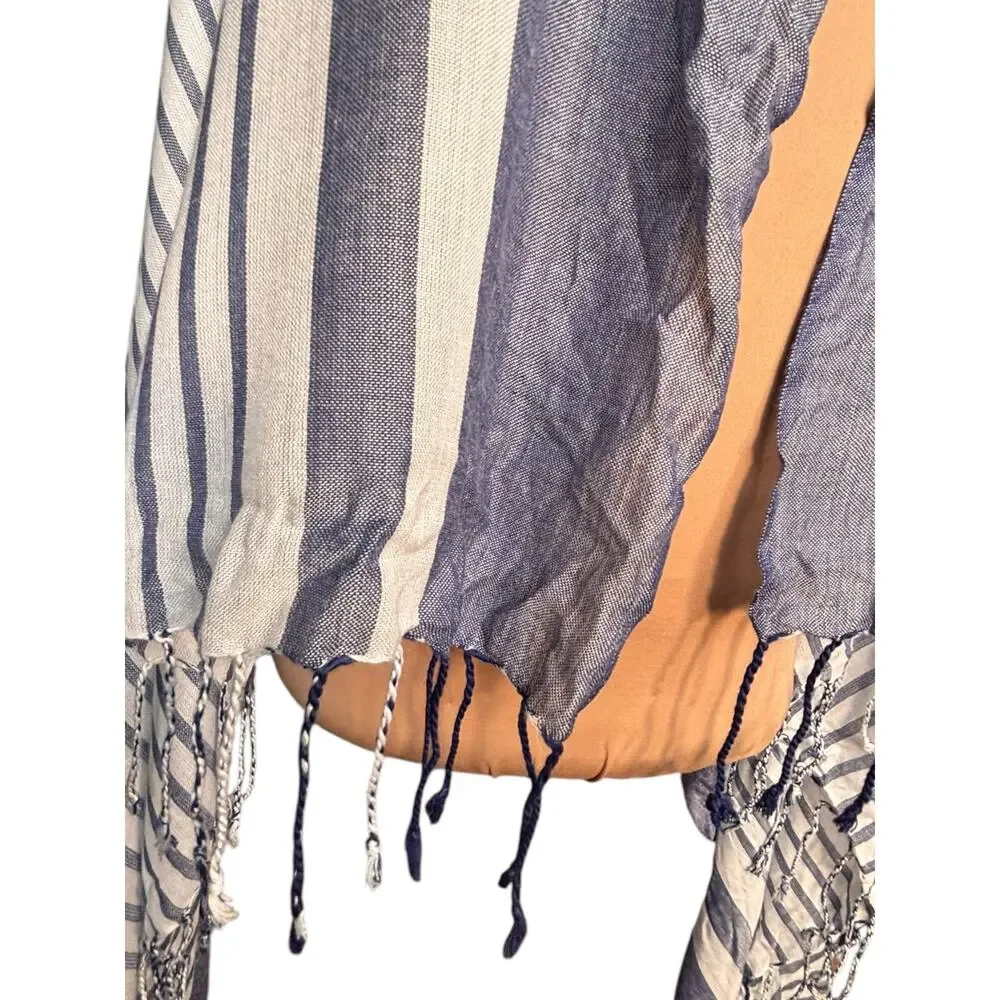 Blue White Striped Tassel Fringe Scarf Shawl Wrap‎ Lightweight Boho Coastal